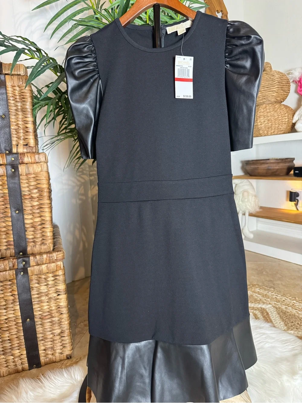 Michael Kors Black leather Puff-Sleeve Dress - xs